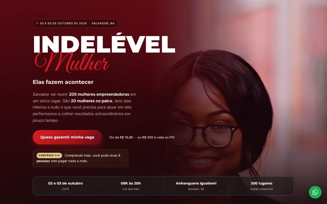Página inicial do site Indelével Mulher, evento em Salvador, entregue pela Livson Tecnologia